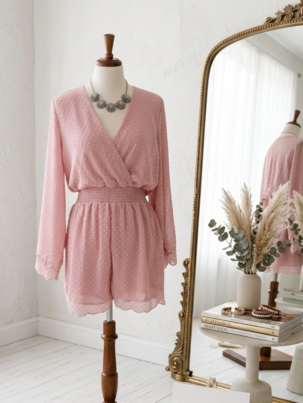 Chocolate Pink Polka Dot V-neck Romper Short Flared Lace Sleeve Shirt Top Jumper